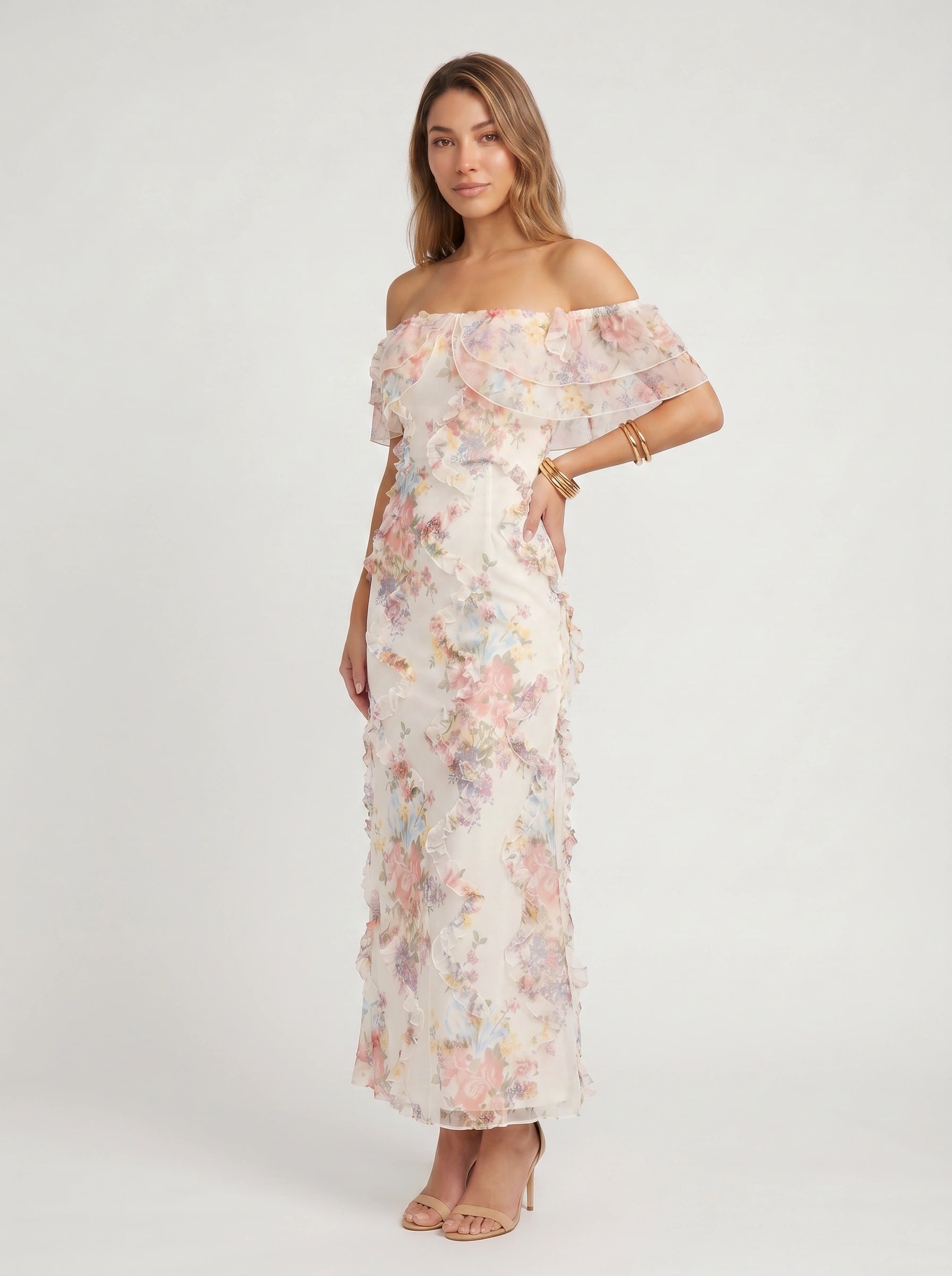 Florisse Off-Shoulder Ruffle Maxi Dress – Floral Summer Women Formal Wedding Guest Cocktail Graduation White Pink Maxi Dress