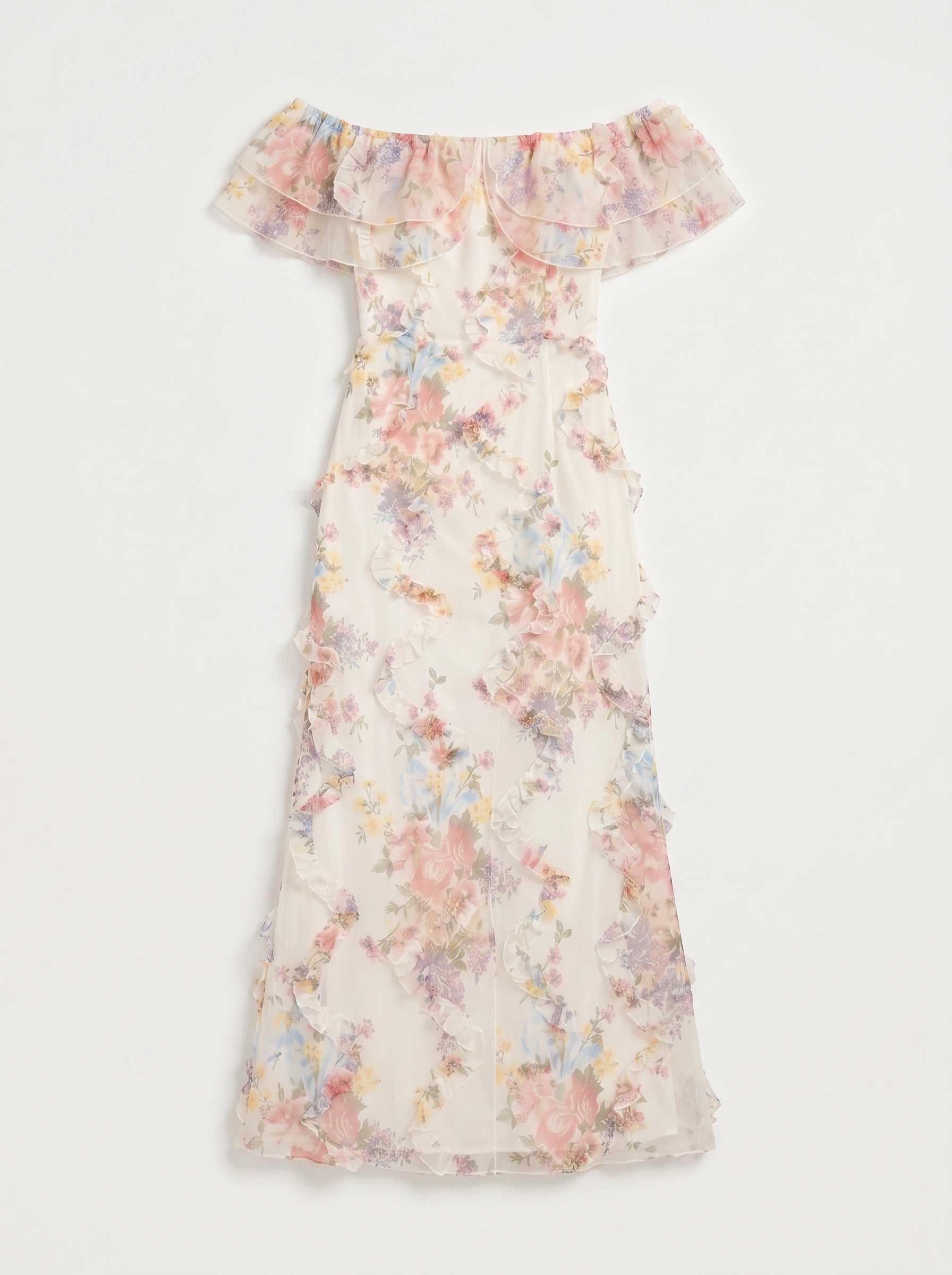 Florisse Off-Shoulder Ruffle Maxi Dress – Floral Summer Women Formal Wedding Guest Cocktail Graduation White Pink Maxi Dress