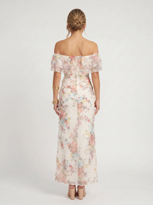 Florisse Off-Shoulder Ruffle Maxi Dress – Floral Summer Women Formal Wedding Guest Cocktail Graduation White Pink Maxi Dress
