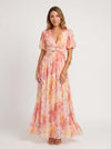 Aquarosa Puff Sleeve Maxi Dress – Watercolor Floral Print Women Formal Wedding Guest Summer Pink Maxi Dress