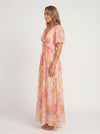 Aquarosa Puff Sleeve Maxi Dress – Watercolor Floral Print Women Formal Wedding Guest Summer Pink Maxi Dress