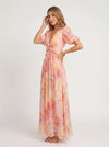 Aquarosa Puff Sleeve Maxi Dress – Watercolor Floral Print Women Formal Wedding Guest Summer Pink Maxi Dress
