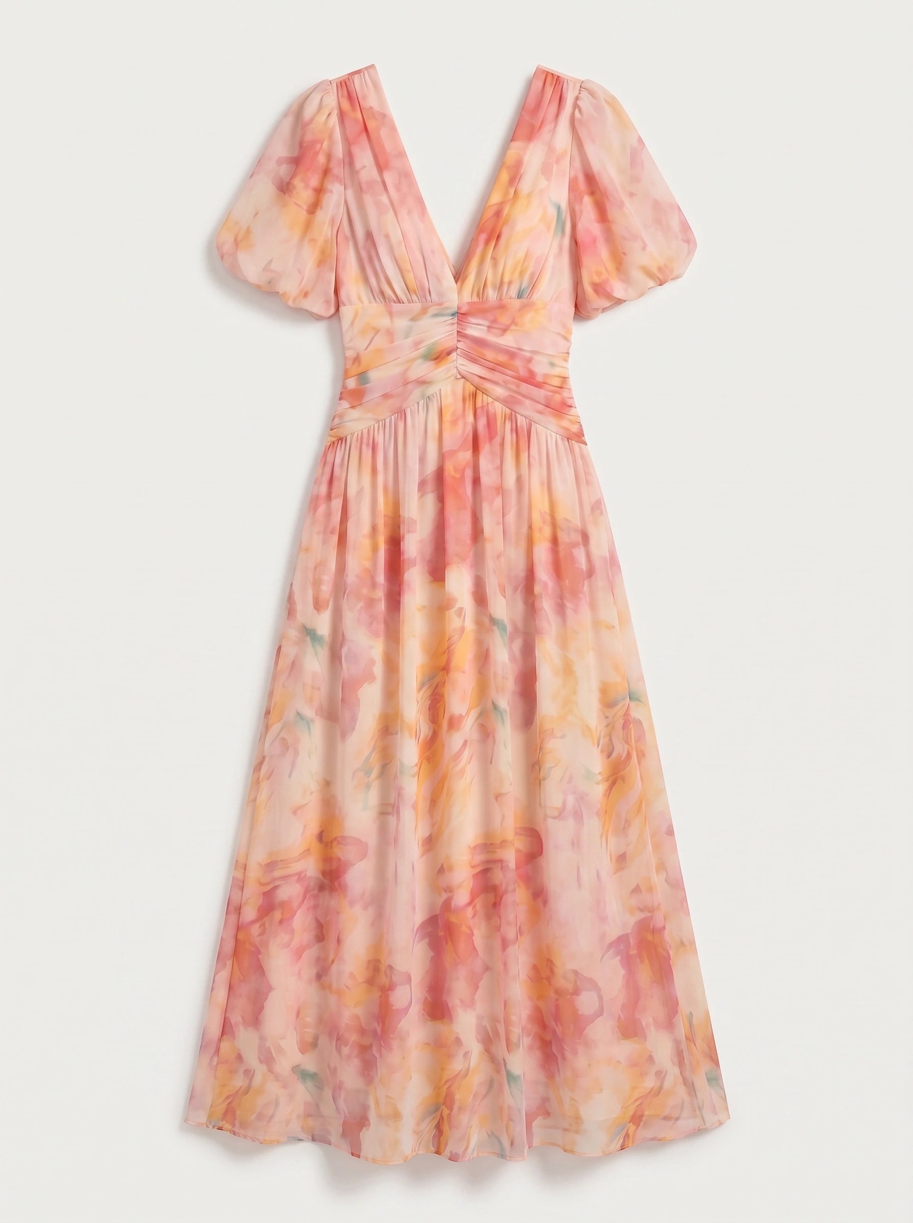 Aquarosa Puff Sleeve Maxi Dress – Watercolor Floral Print Women Formal Wedding Guest Summer Pink Maxi Dress