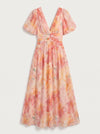 Aquarosa Puff Sleeve Maxi Dress – Watercolor Floral Print Women Formal Wedding Guest Summer Pink Maxi Dress