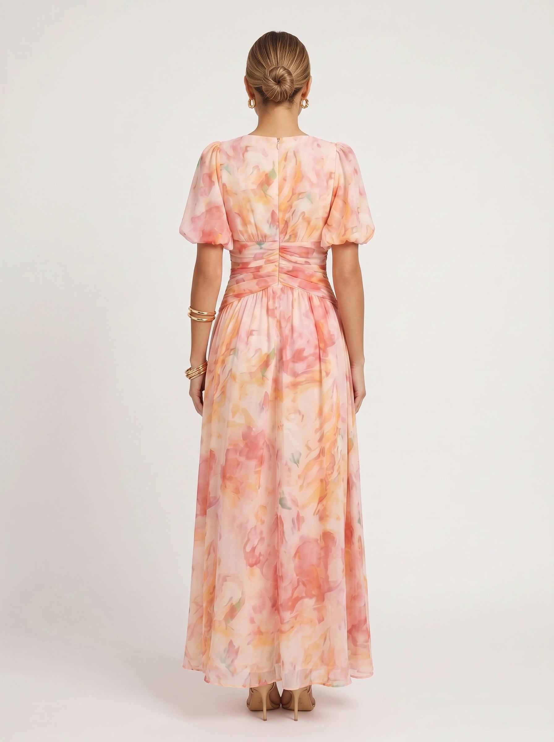 Aquarosa Puff Sleeve Maxi Dress – Watercolor Floral Print Women Formal Wedding Guest Summer Pink Maxi Dress