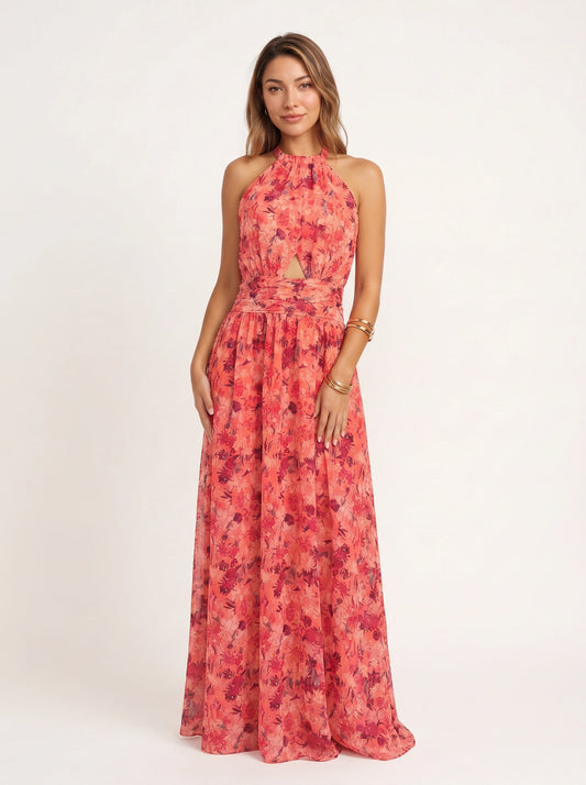 Rosalyn Halter Dress – Floral Maxi Slit Cutout Women Evening Cocktail Party Wedding Guest