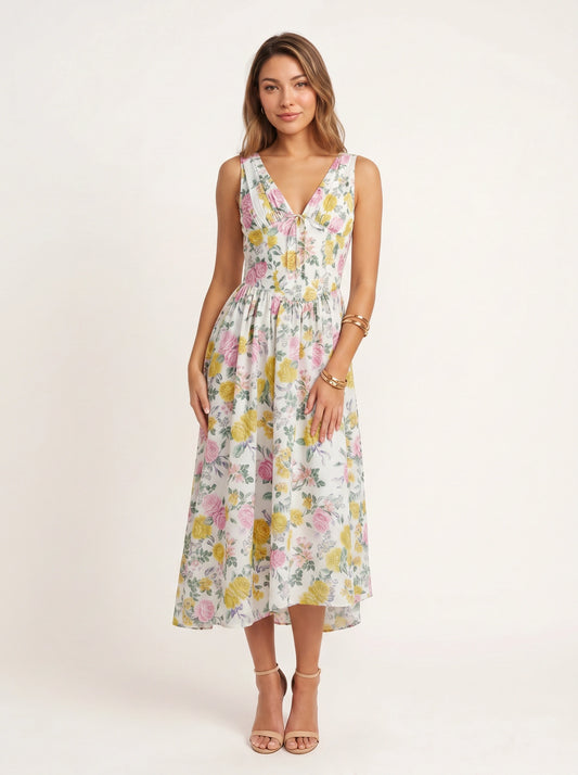 Jardine Midi Dress – Floral Cotton Button Front Women Sleeveless Summer Garden Party Cottage