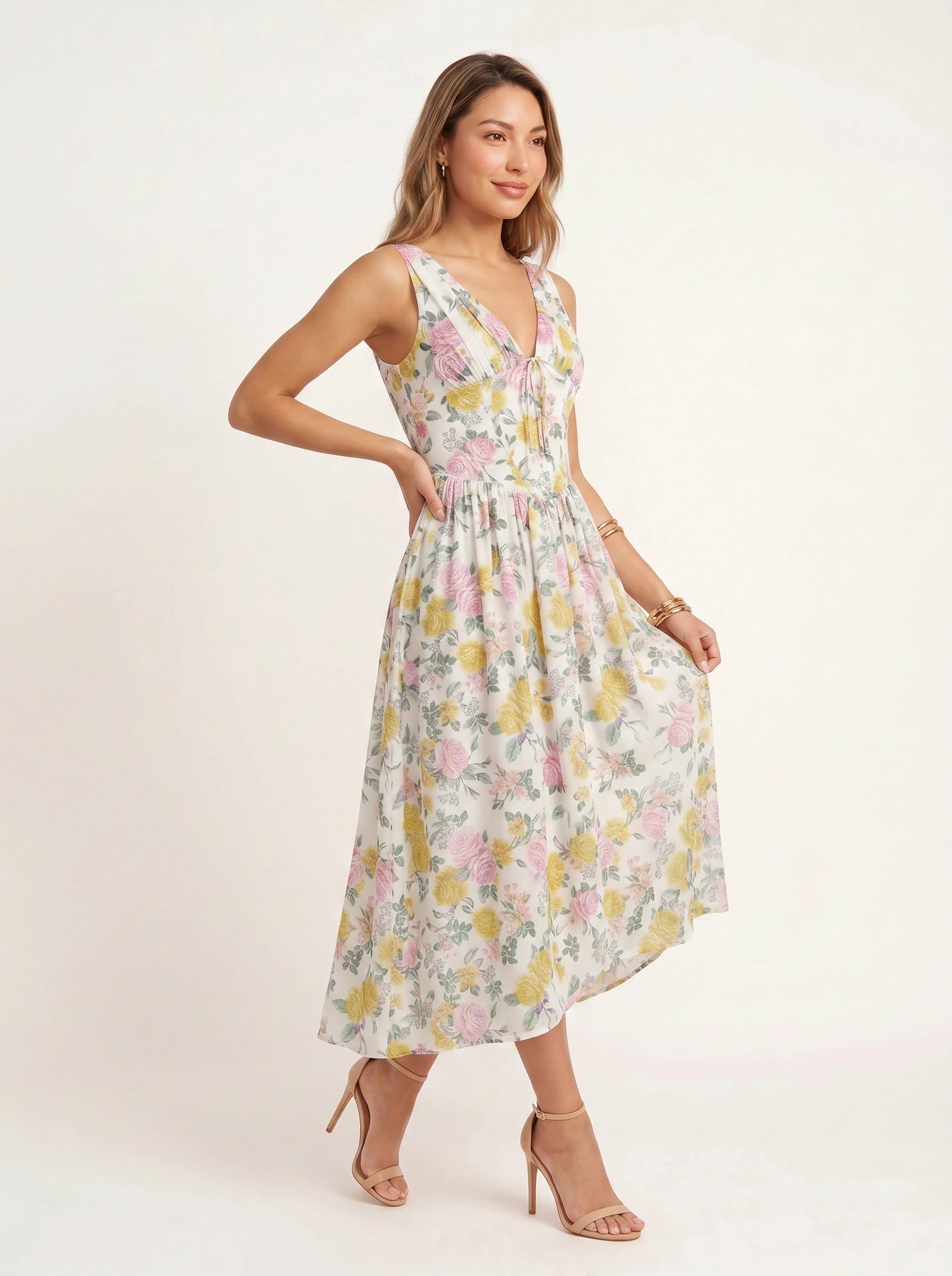 Jardine Midi Dress – Floral Cotton Button Front Women Sleeveless Summer Garden Party Cottage