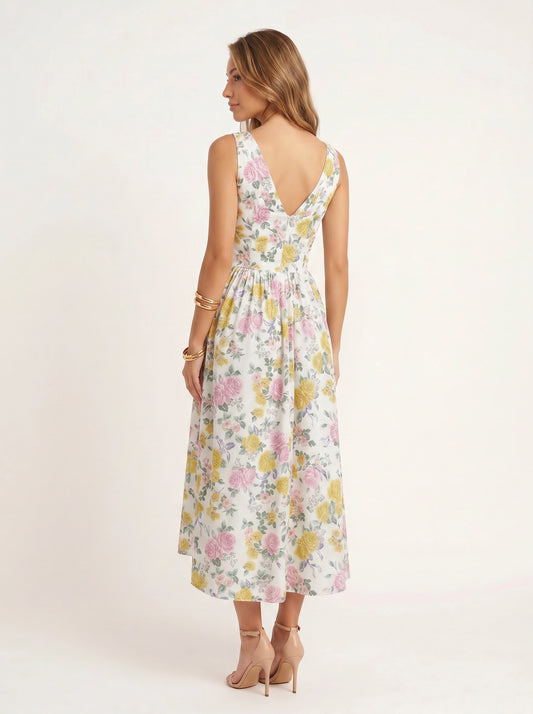 Jardine Midi Dress – Floral Cotton Button Front Women Sleeveless Summer Garden Party Cottage