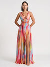 Prismae Maxi Dress – Rainbow Ombre Satin Gown Women High Slit Deep V Formal Evening Summer Wedding Guest