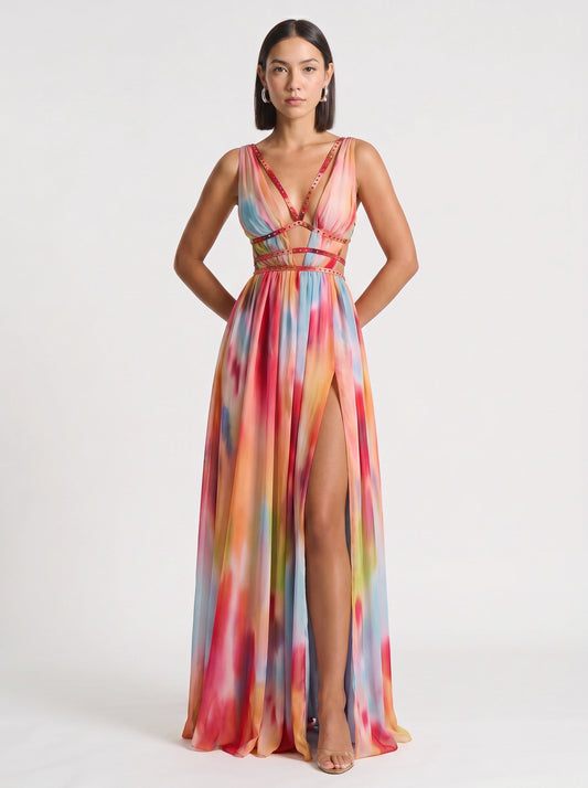 Prismae Maxi Dress – Rainbow Ombre Satin Gown Women High Slit Deep V Formal Evening Summer Wedding Guest