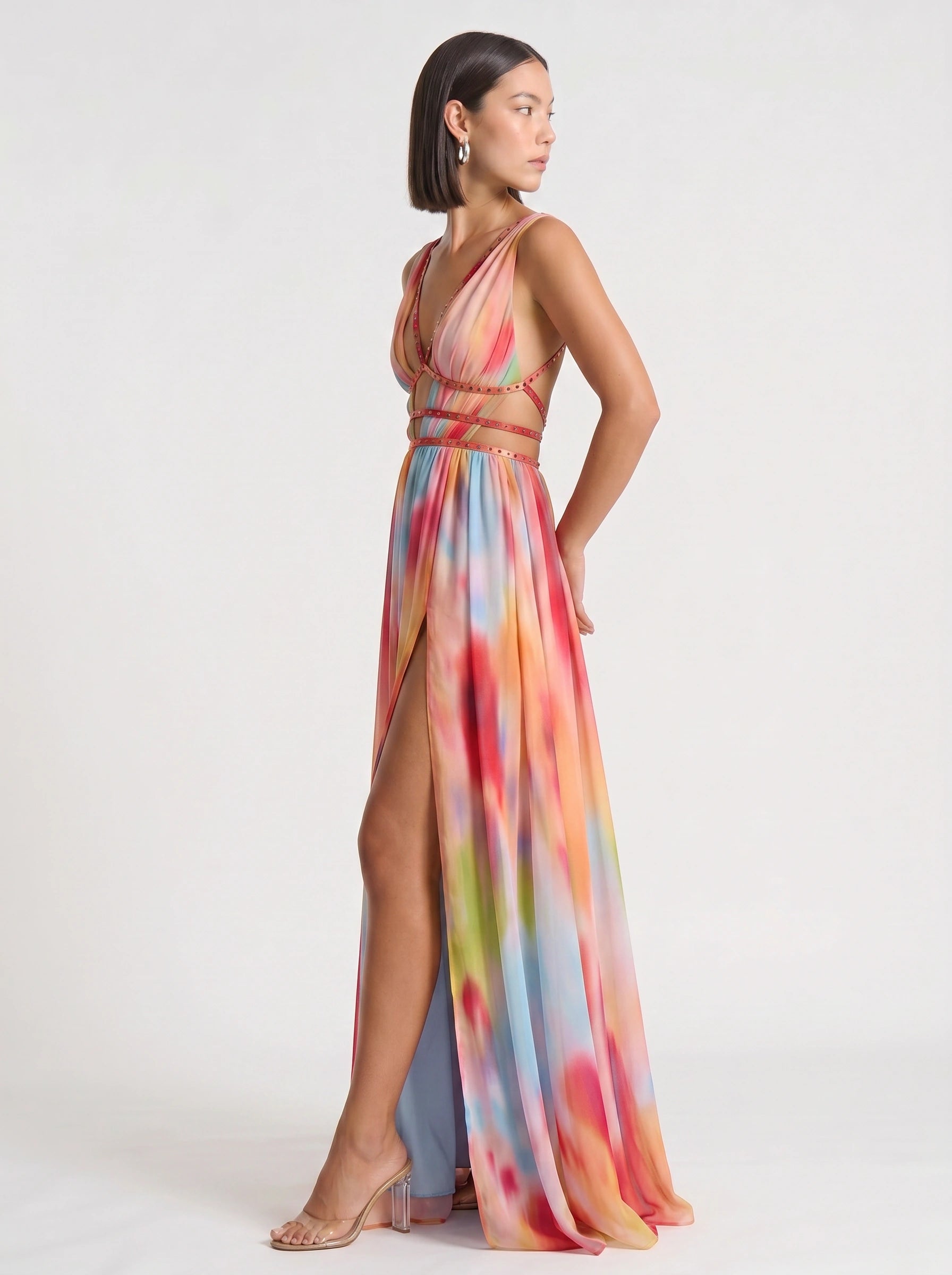 Prismae Maxi Dress – Rainbow Ombre Satin Gown Women High Slit Deep V Formal Evening Summer Wedding Guest