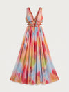 Prismae Maxi Dress – Rainbow Ombre Satin Gown Women High Slit Deep V Formal Evening Summer Wedding Guest