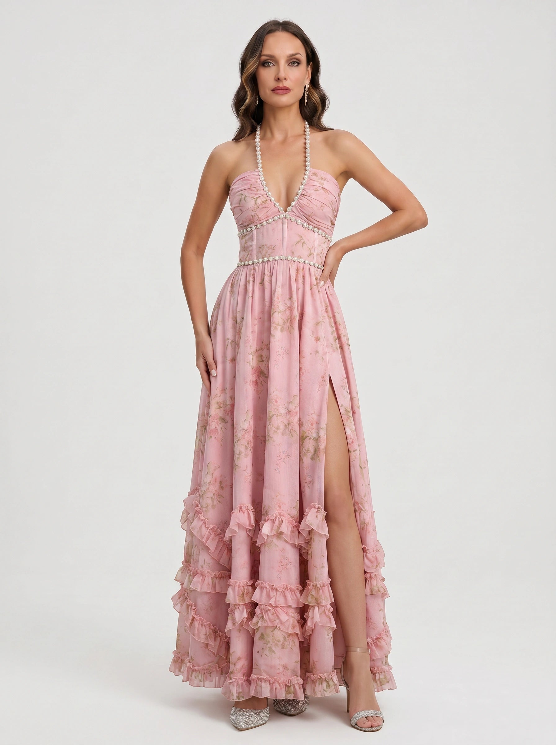 Sailene Halter Maxi Dress – Floral Lace Slit Gown Women Romantic Semi Formal Wedding Guest Boho Trendy