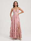 Sailene Halter Maxi Dress – Floral Lace Slit Gown Women Romantic Semi Formal Wedding Guest Boho Trendy