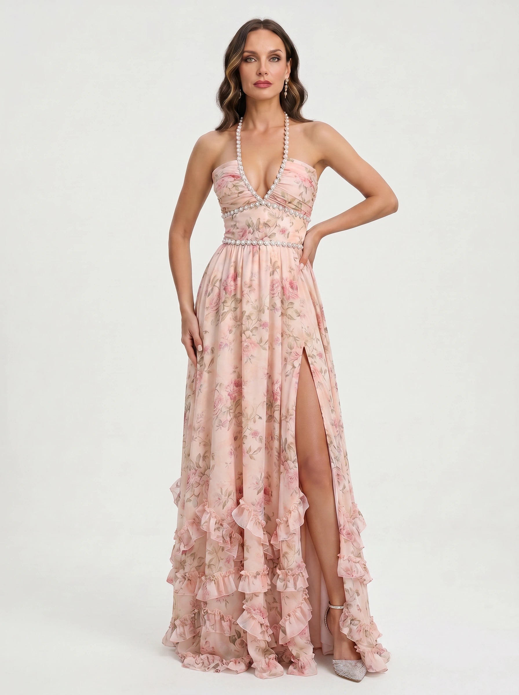 Sailene Halter Maxi Dress – Floral Lace Slit Gown Women Romantic Semi Formal Wedding Guest Boho Trendy
