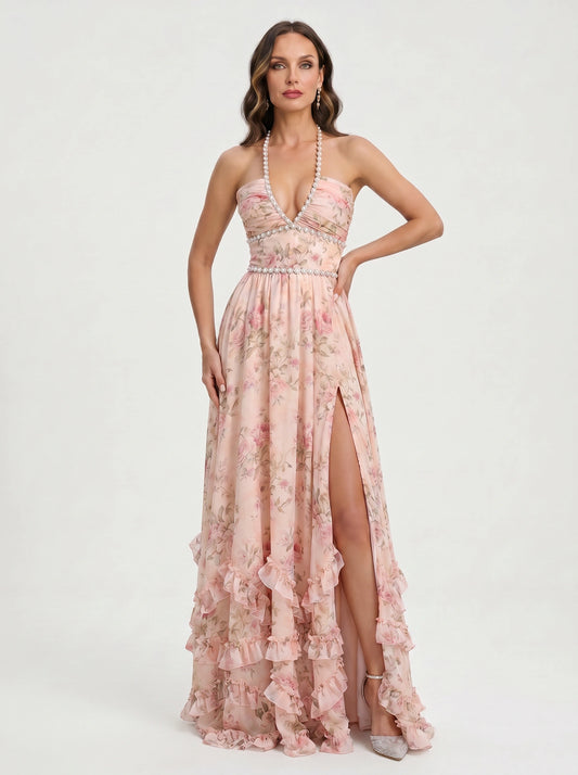 Sailene Halter Maxi Dress – Floral Lace Slit Gown Women Romantic Semi Formal Wedding Guest Boho Trendy