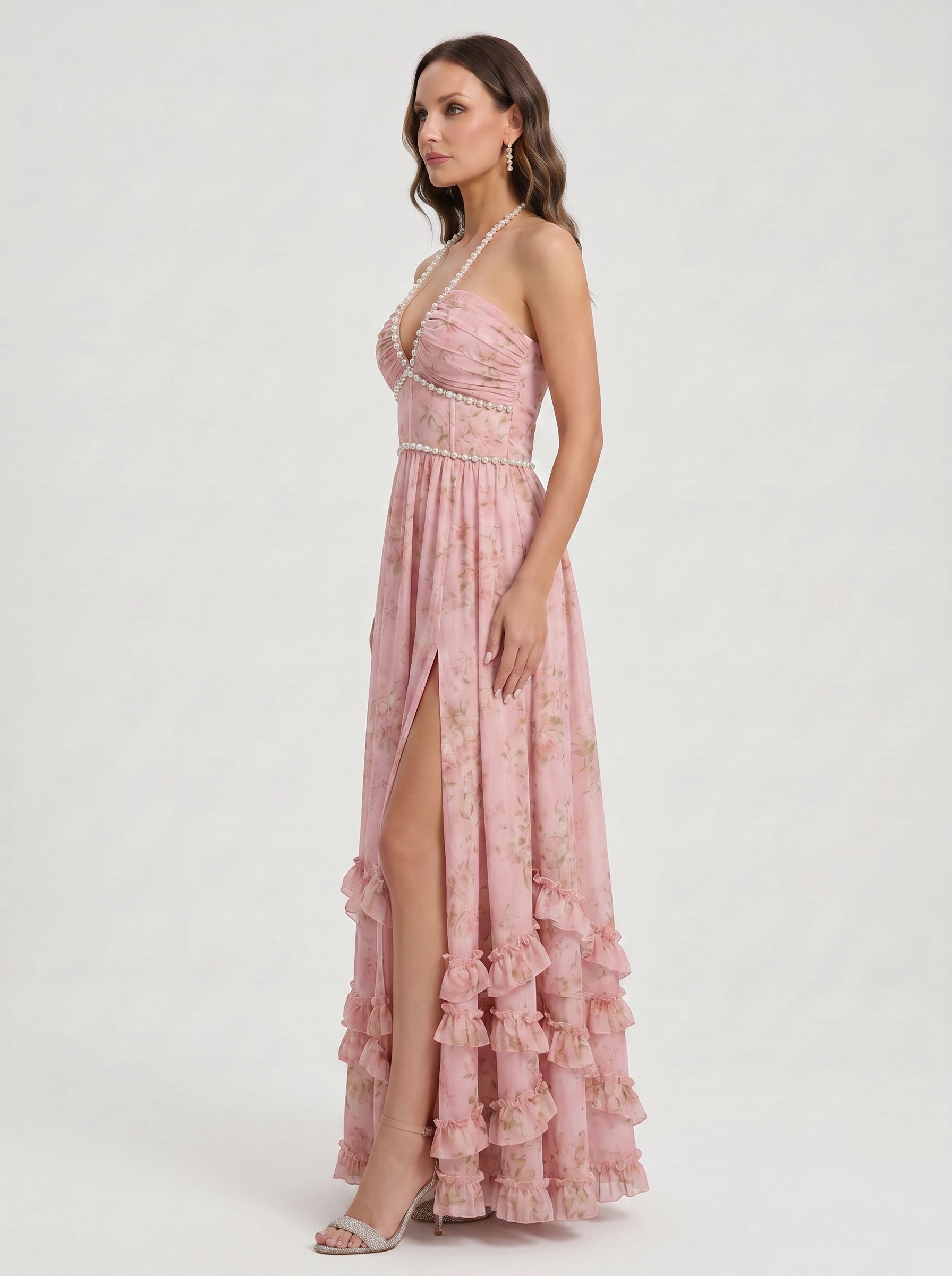 Sailene Halter Maxi Dress – Floral Lace Slit Gown Women Romantic Semi Formal Wedding Guest Boho Trendy