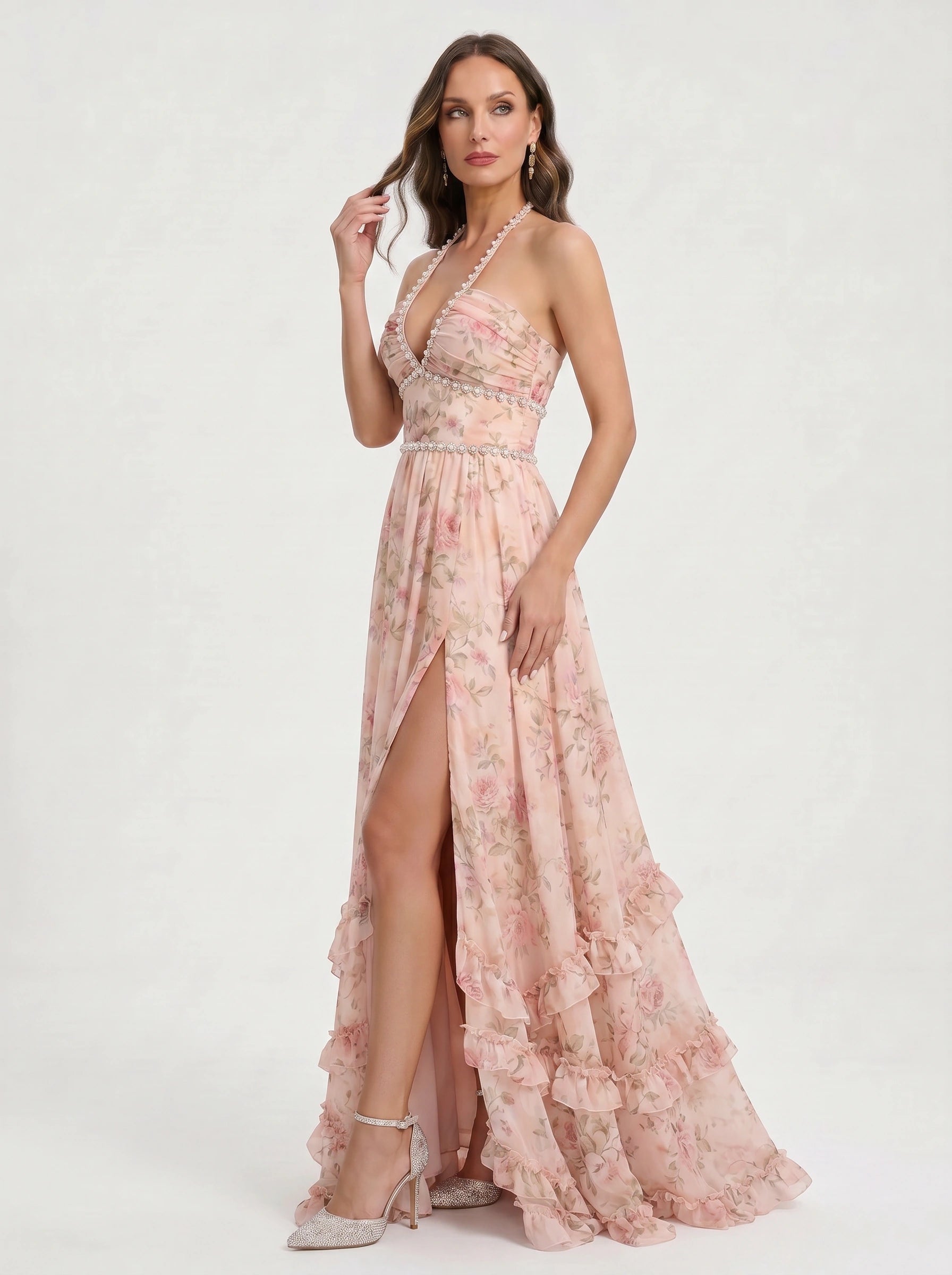 Sailene Halter Maxi Dress – Floral Lace Slit Gown Women Romantic Semi Formal Wedding Guest Boho Trendy
