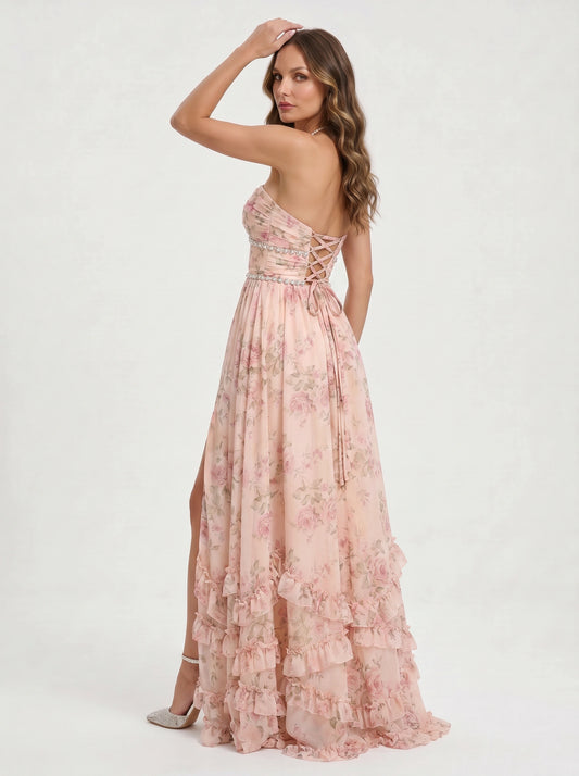 Sailene Halter Maxi Dress – Floral Lace Slit Gown Women Romantic Semi Formal Wedding Guest Boho Trendy