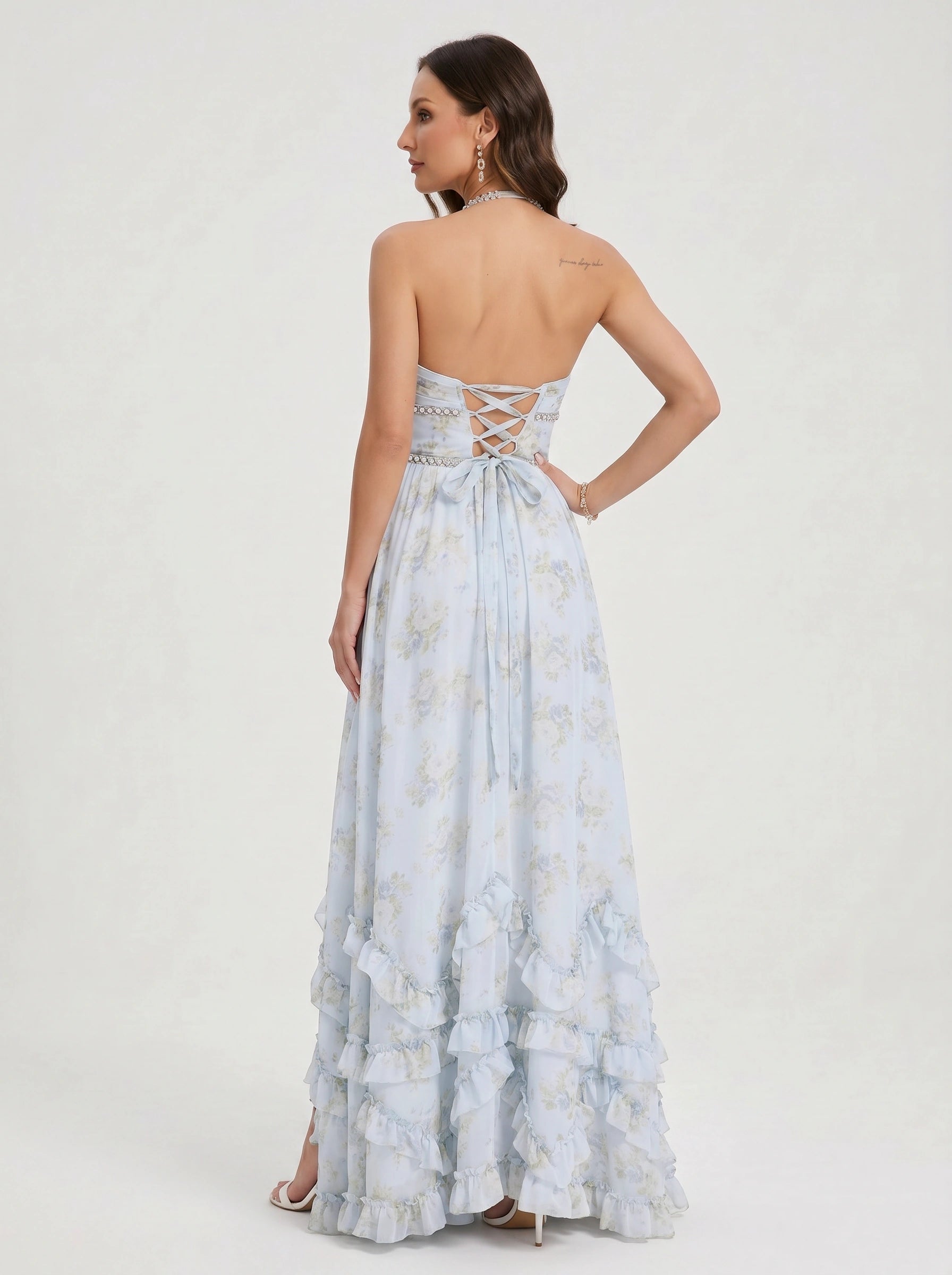Sailene Halter Maxi Dress – Floral Lace Slit Gown Women Romantic Semi Formal Wedding Guest Boho Trendy