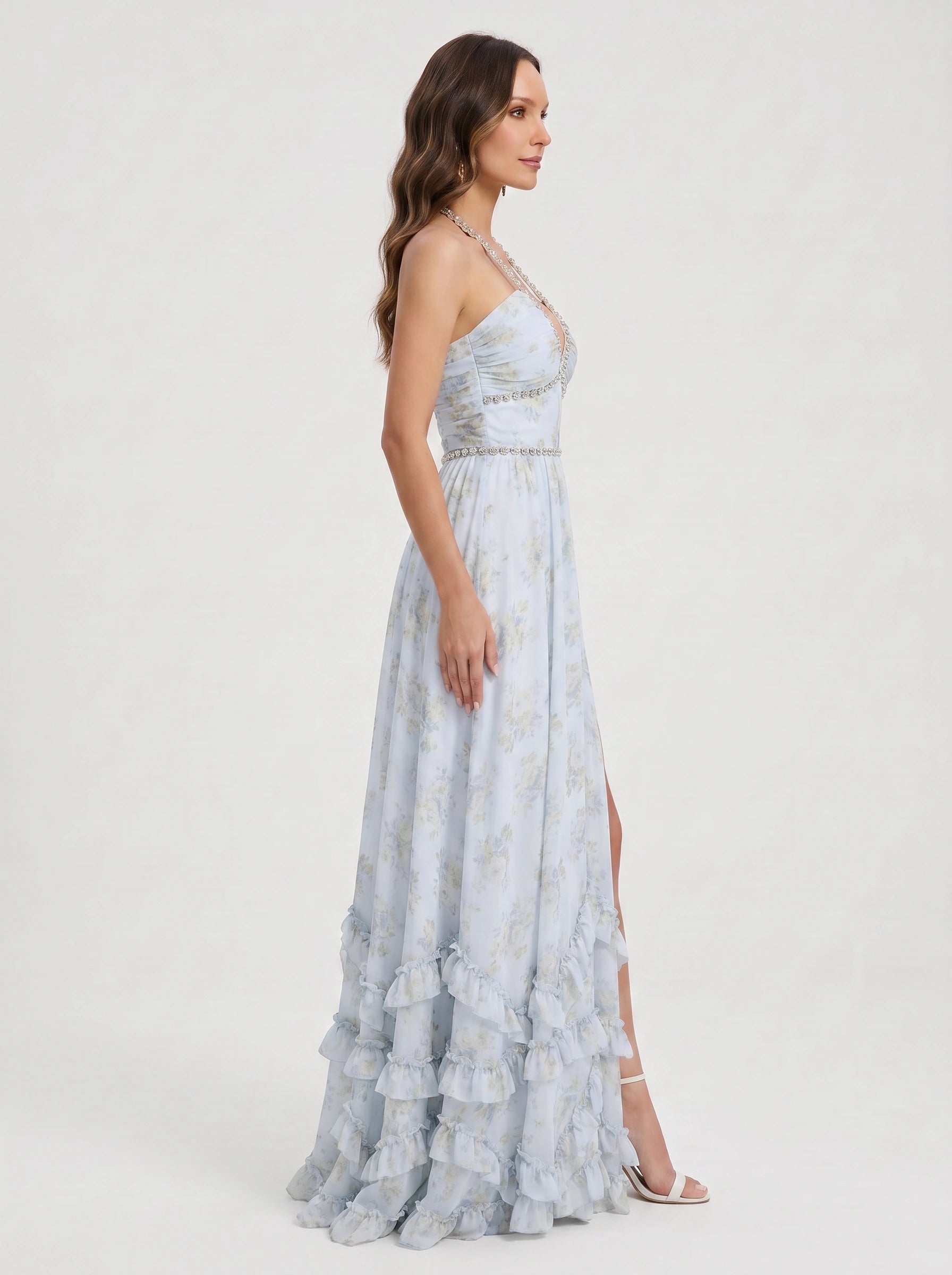 Sailene Halter Maxi Dress – Floral Lace Slit Gown Women Romantic Semi Formal Wedding Guest Boho Trendy