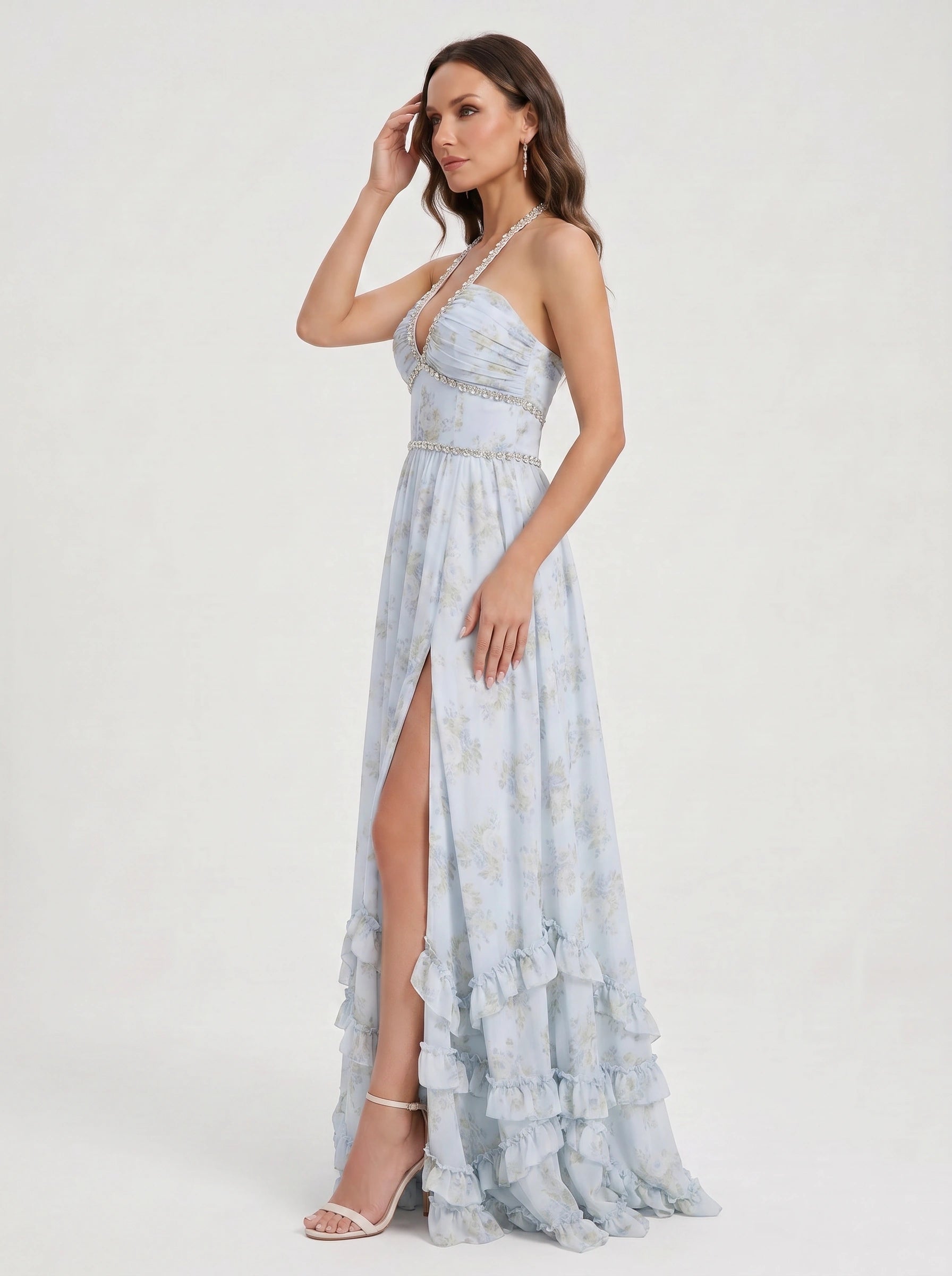 Sailene Halter Maxi Dress – Floral Lace Slit Gown Women Romantic Semi Formal Wedding Guest Boho Trendy