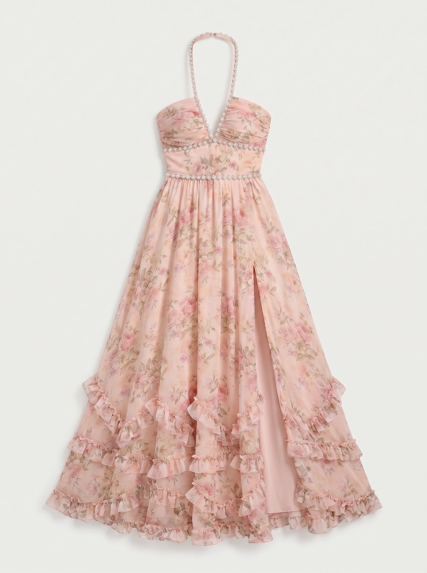Sailene Halter Maxi Dress – Floral Lace Slit Gown Women Romantic Semi Formal Wedding Guest Boho Trendy