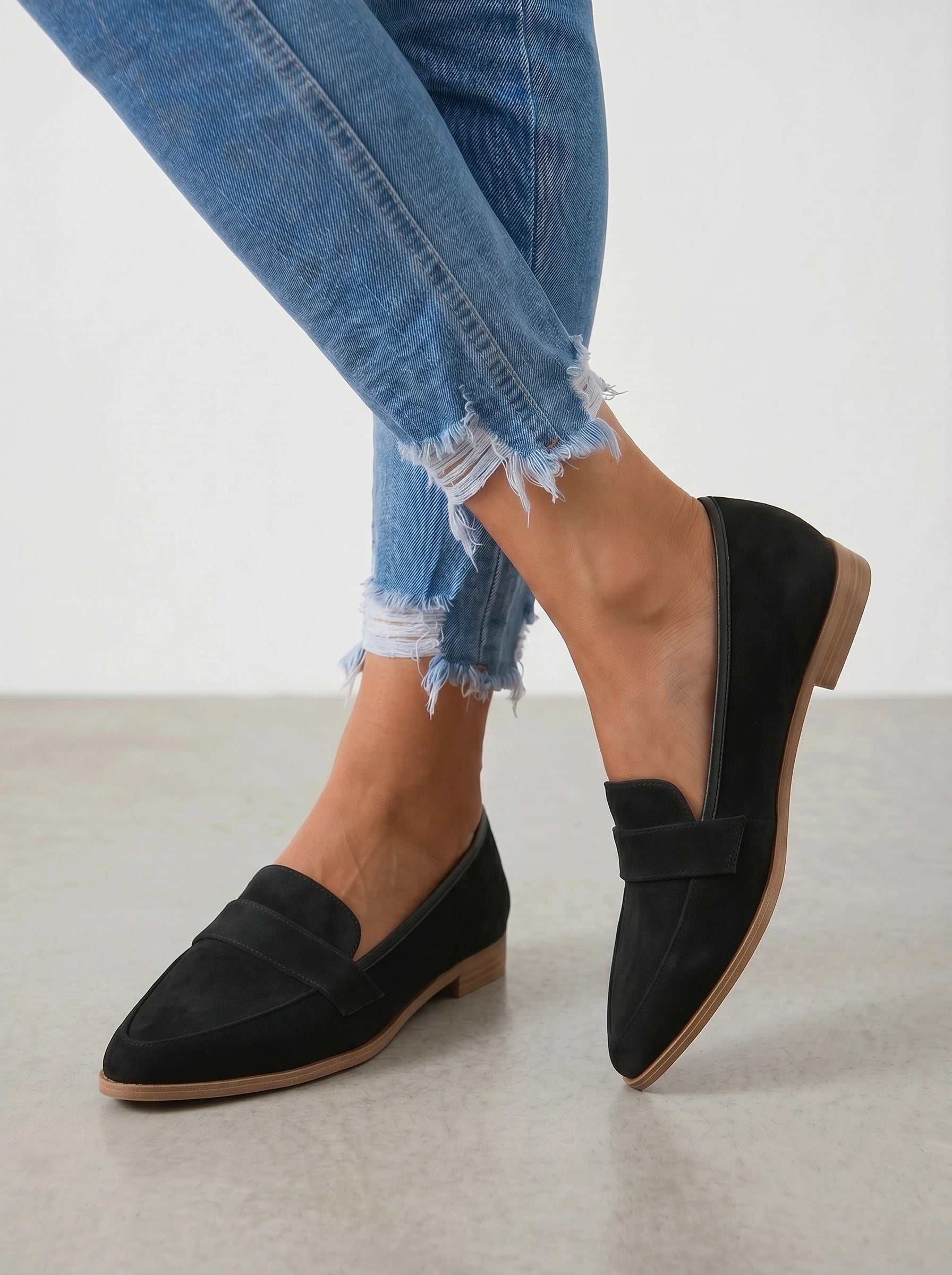 Dalfino Suede Loafers – Women Flat Slip-On Office Casual Pointed Toe Low Block Heel Loafers