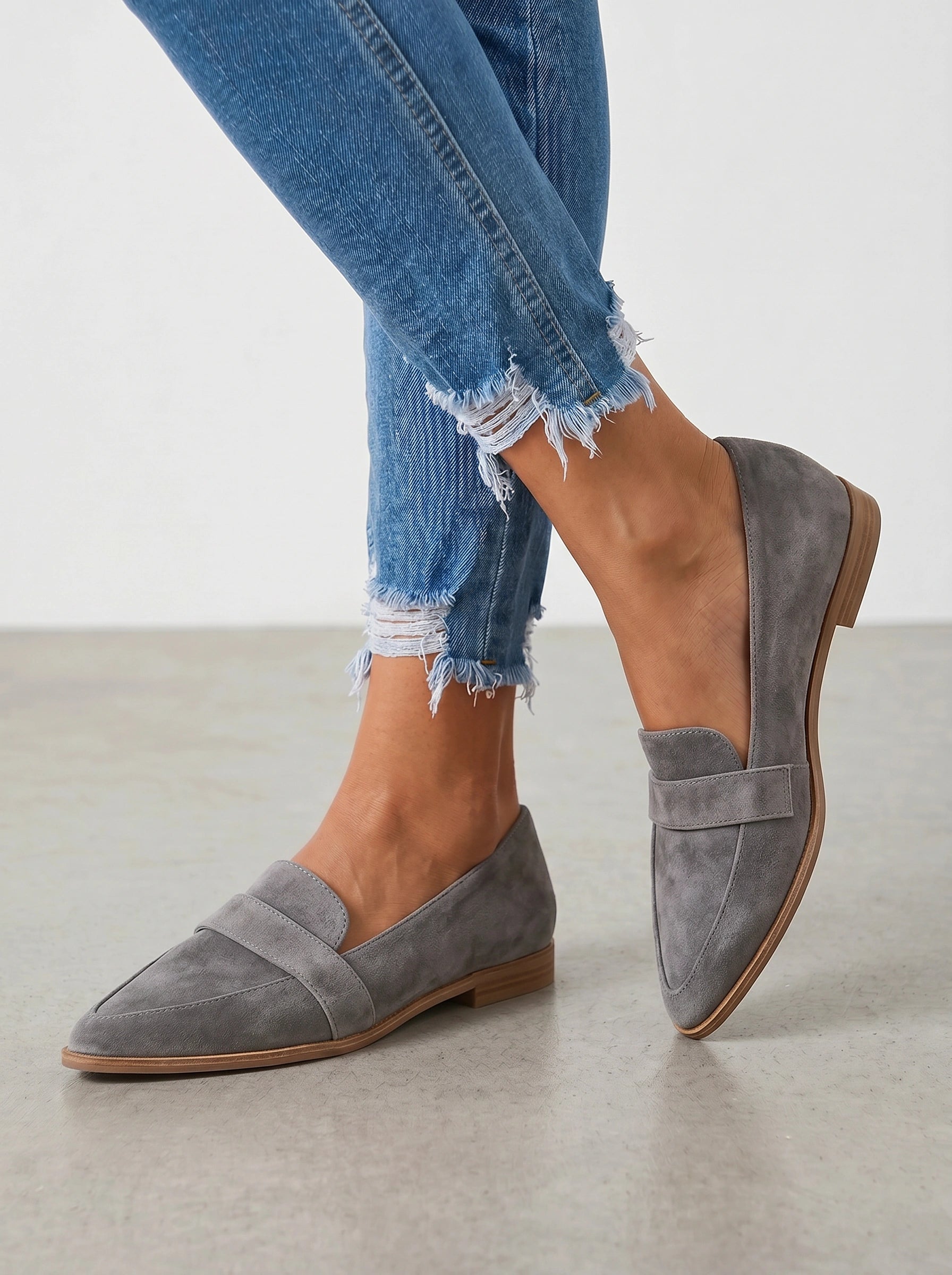 Dalfino Suede Loafers – Women Flat Slip-On Office Casual Pointed Toe Low Block Heel Loafers