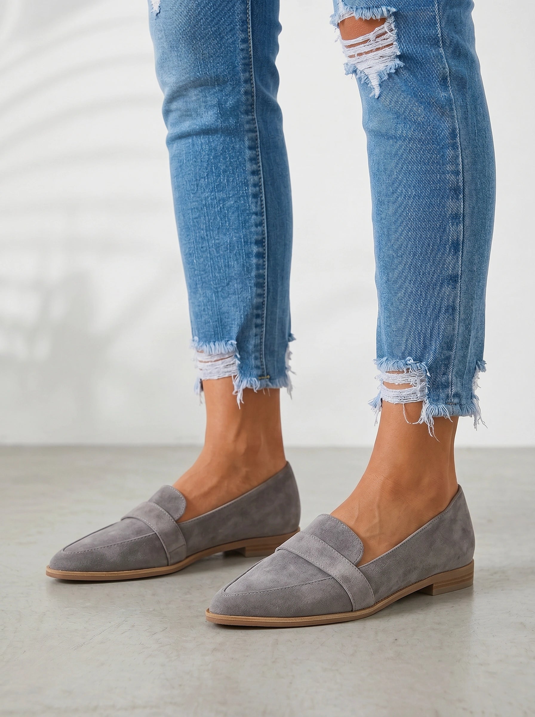 Dalfino Suede Loafers – Women Flat Slip-On Office Casual Pointed Toe Low Block Heel Loafers