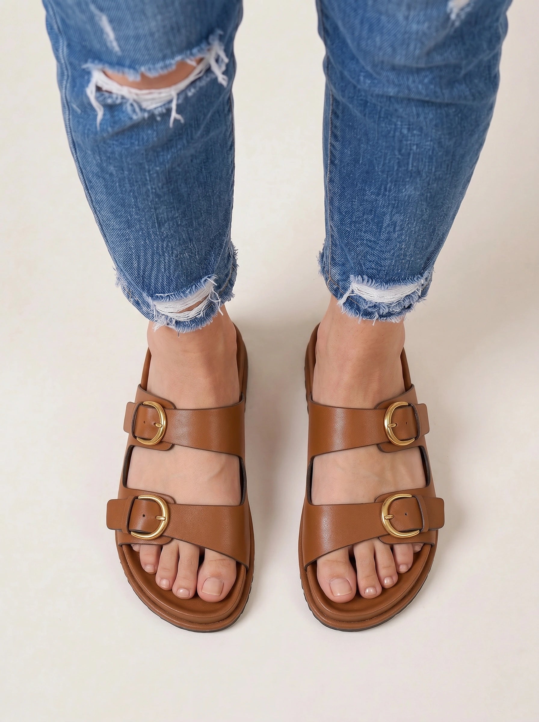 Bucklora Leather Buckle Sandals – Women Comfortable Flat Sandals Summer Casual Slip On Mules