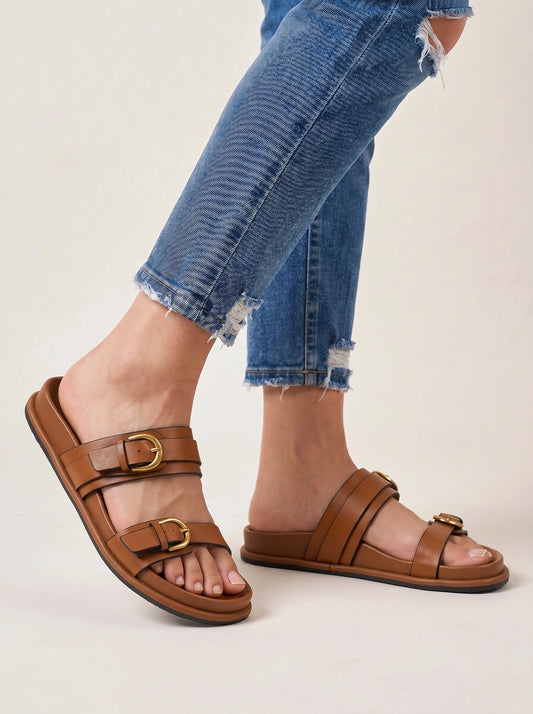 Bucklora Leather Buckle Sandals – Women Comfortable Flat Sandals Summer Casual Slip On Mules