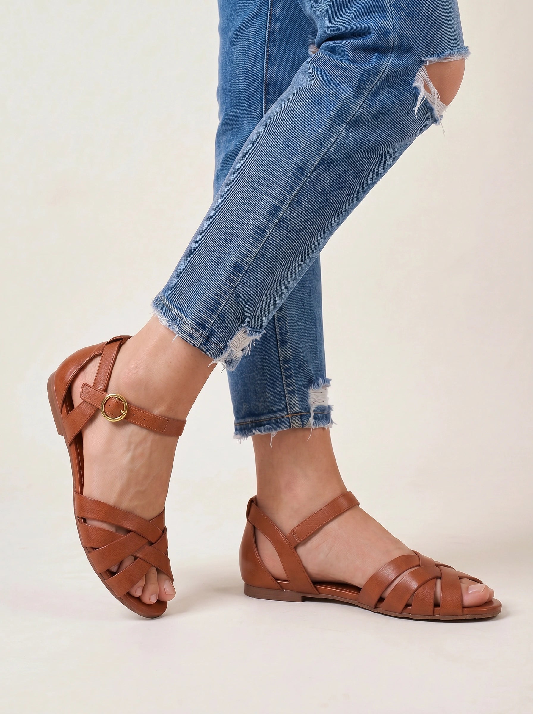 Tressaro Strappy Flat Sandals – Women Ankle Strap Leather Woven Gladiator Summer Casual Sandals