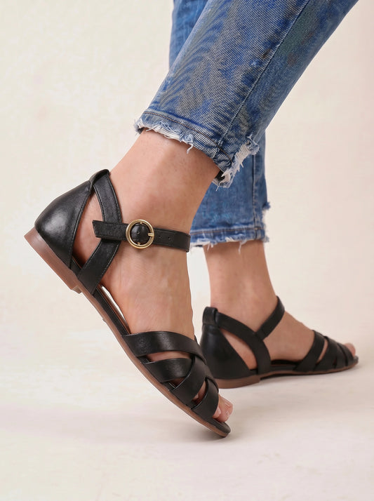 Tressaro Strappy Flat Sandals – Women Ankle Strap Leather Woven Gladiator Summer Casual Sandals