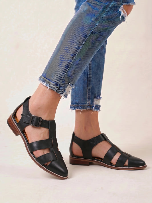 Stratrix Closed-Toe Gladiator Flat Sandals – Leather Cutout Ankle Strap Women Mary Jane Ballet Flats