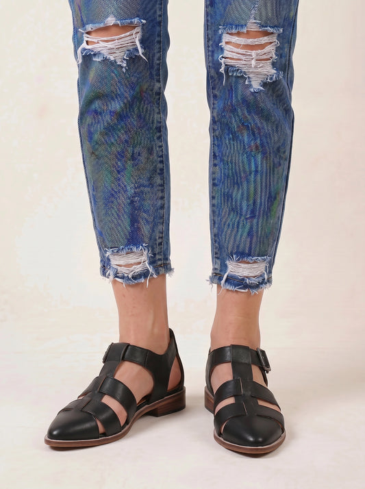 Stratrix Closed-Toe Gladiator Flat Sandals – Leather Cutout Ankle Strap Women Mary Jane Ballet Flats