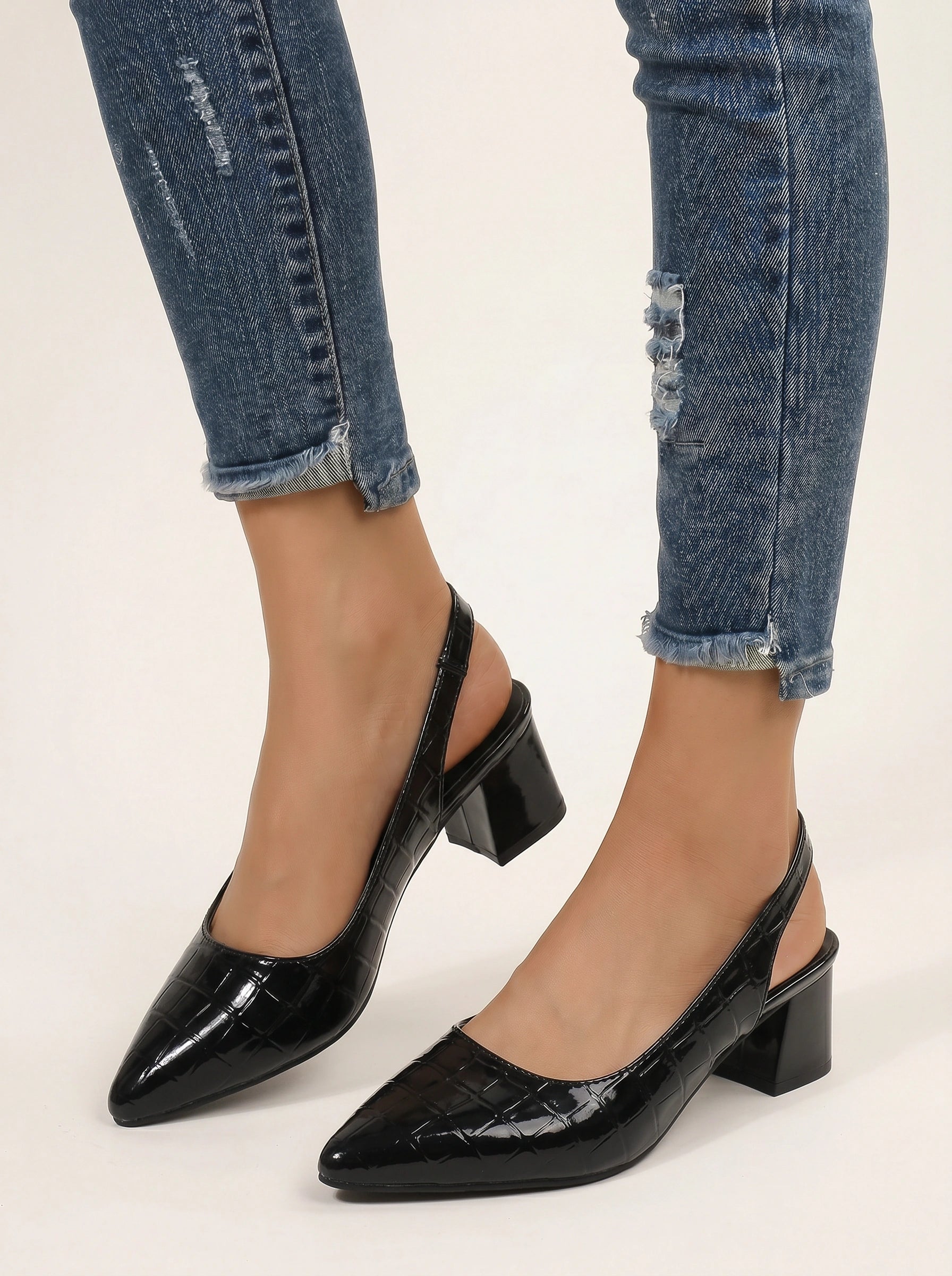 Crocco Patent Pointed Slingback Heels – Women Kitten Heels Croc Embossed Block Heel Office Formal Shoes