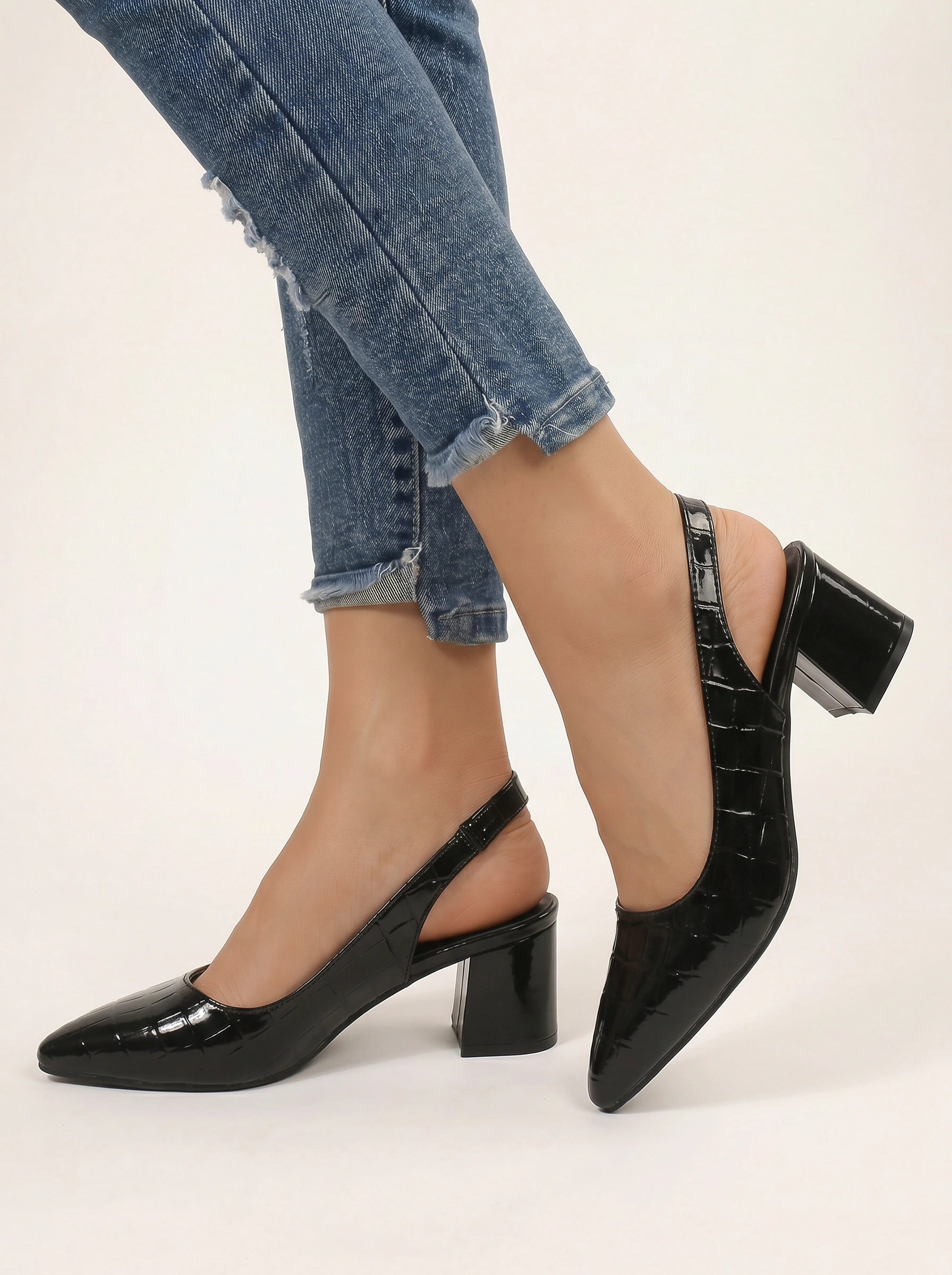 Crocco Patent Pointed Slingback Heels – Women Kitten Heels Croc Embossed Block Heel Office Formal Shoes