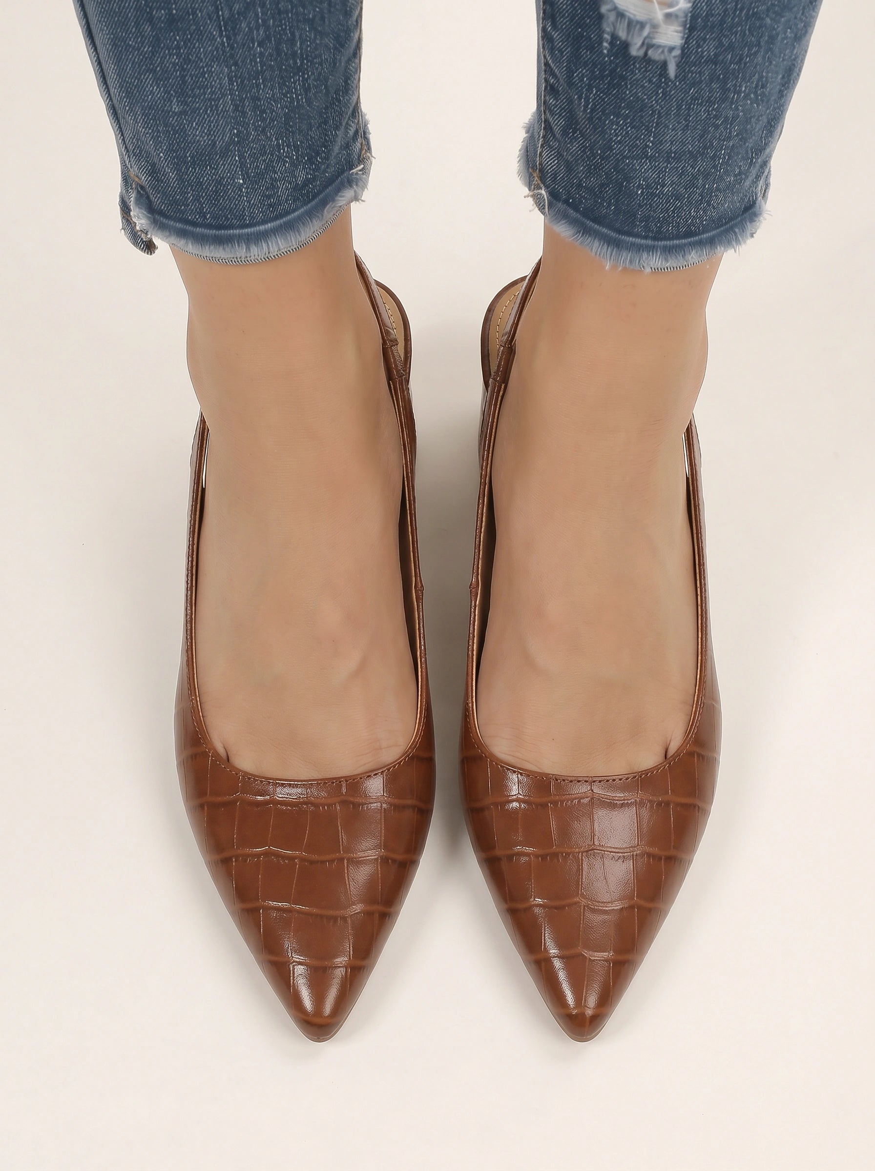 Crocco Patent Pointed Slingback Heels – Women Kitten Heels Croc Embossed Block Heel Office Formal Shoes