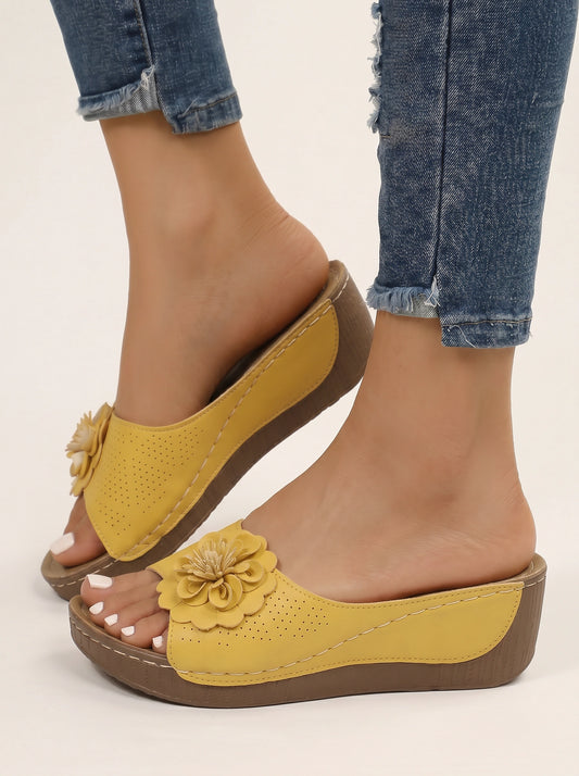 Florea Flower Embellished Platform Sandals – Women Slip-On Wedge Comfort Summer Casual Platform Sandals