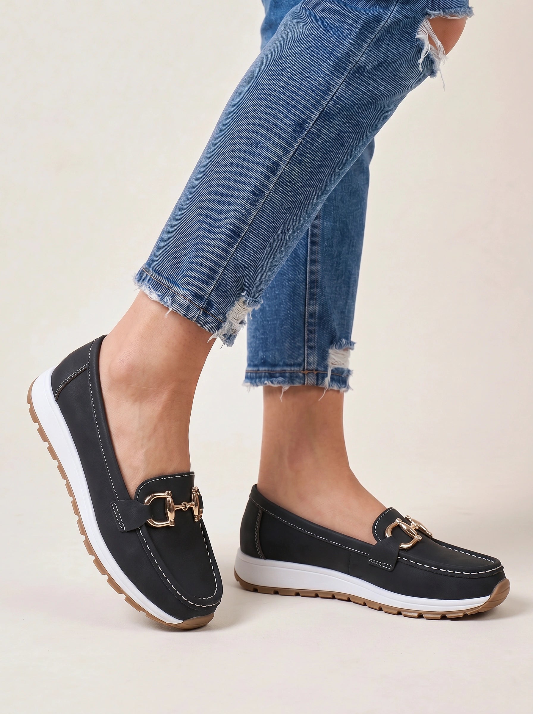 Cadette Chain Loafer Flats – Contrast Stitch Platform Mary Jane Ballet Flats Women Casual Slip On Shoes