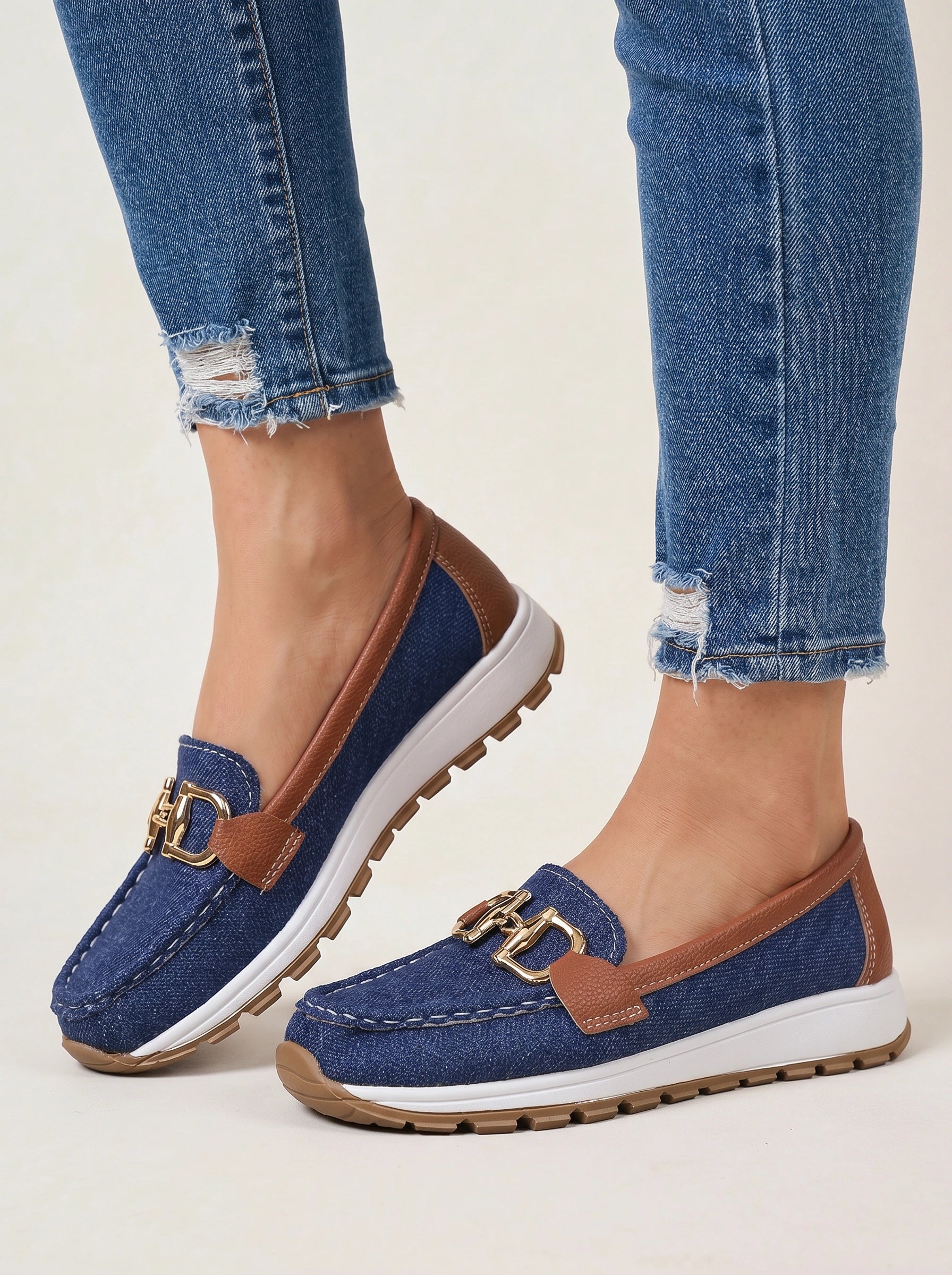 Cadette Chain Loafer Flats – Contrast Stitch Platform Mary Jane Ballet Flats Women Casual Slip On Shoes