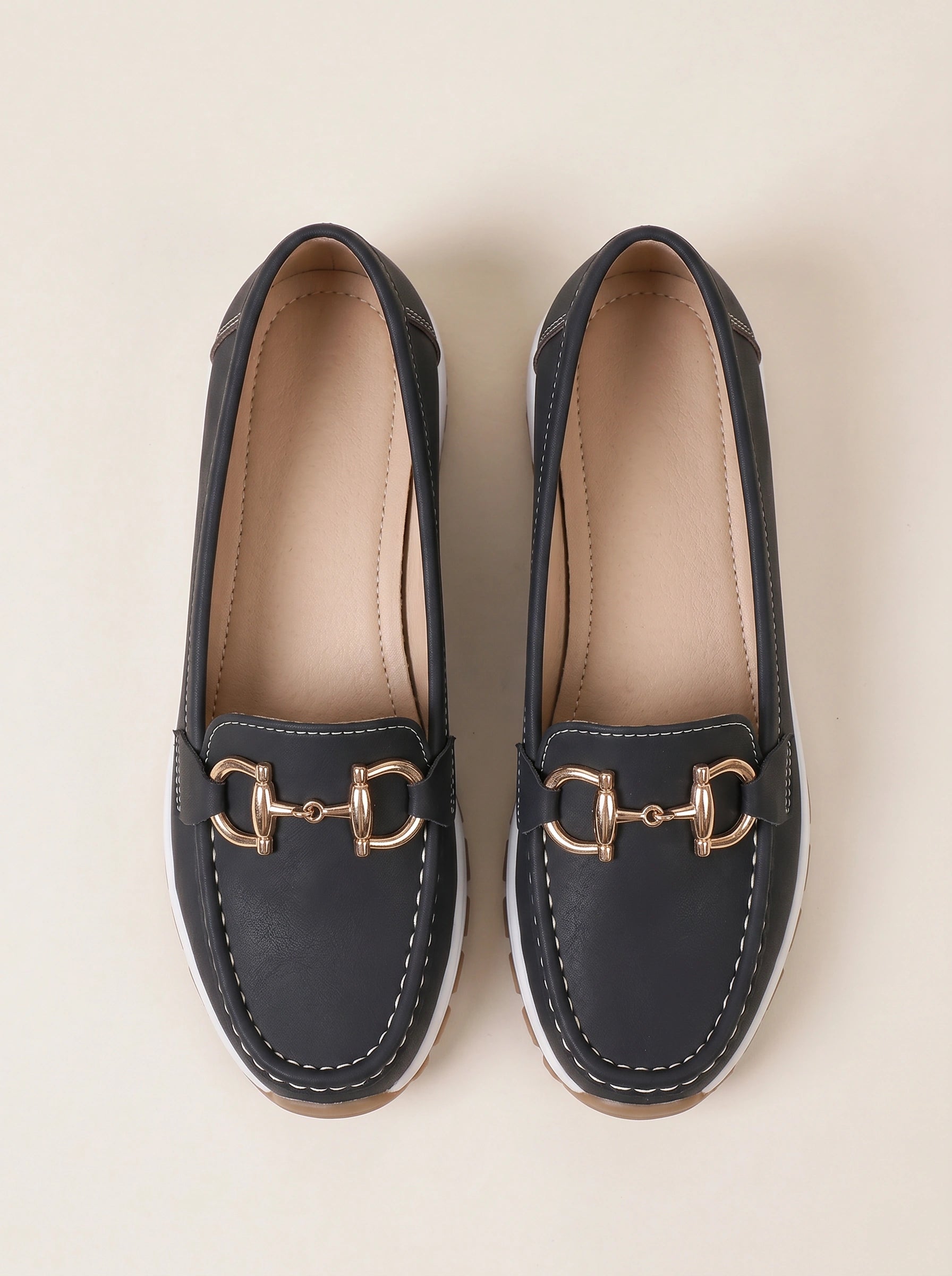 Cadette Chain Loafer Flats – Contrast Stitch Platform Mary Jane Ballet Flats Women Casual Slip On Shoes