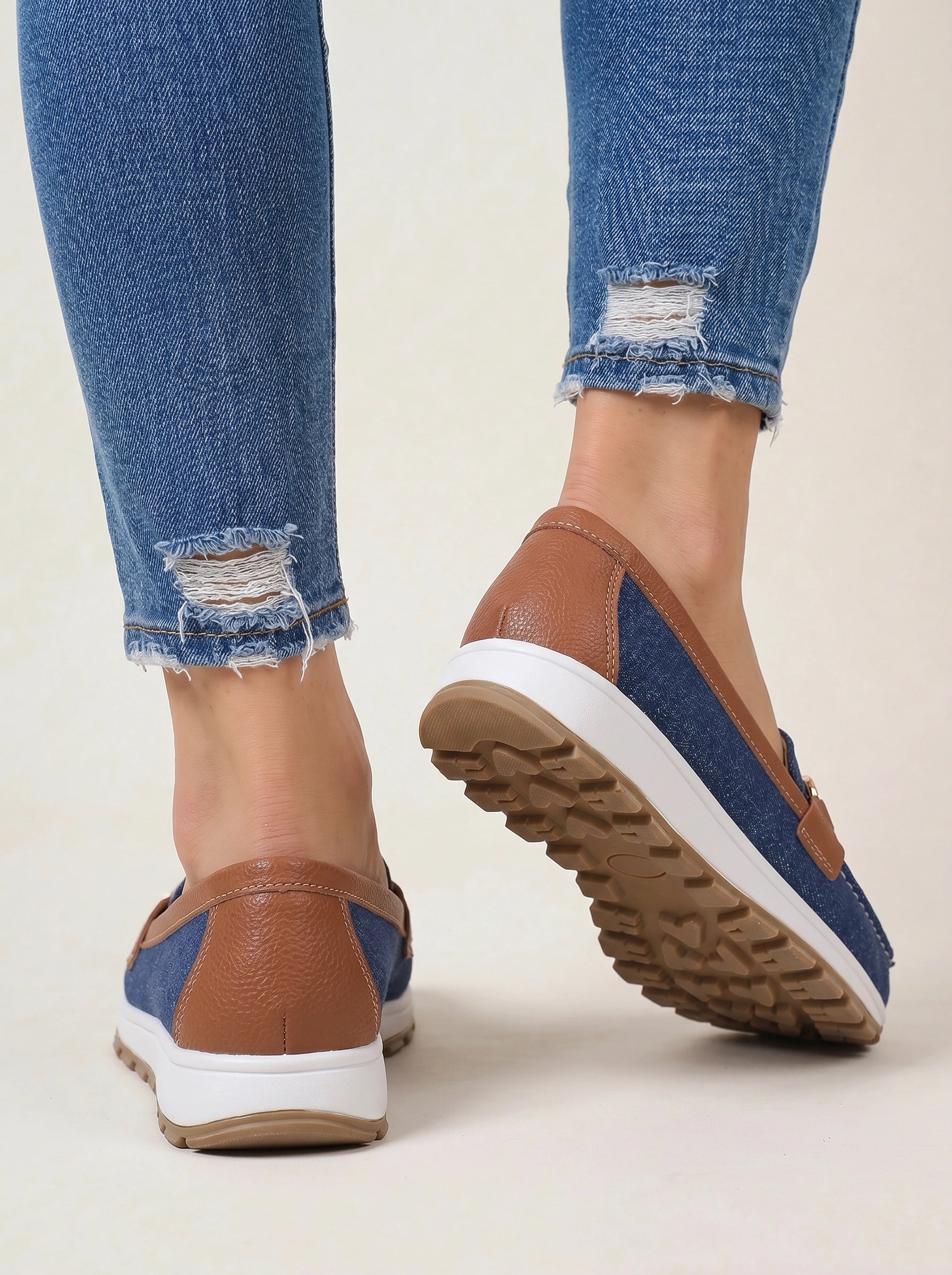 Cadette Chain Loafer Flats – Contrast Stitch Platform Mary Jane Ballet Flats Women Casual Slip On Shoes