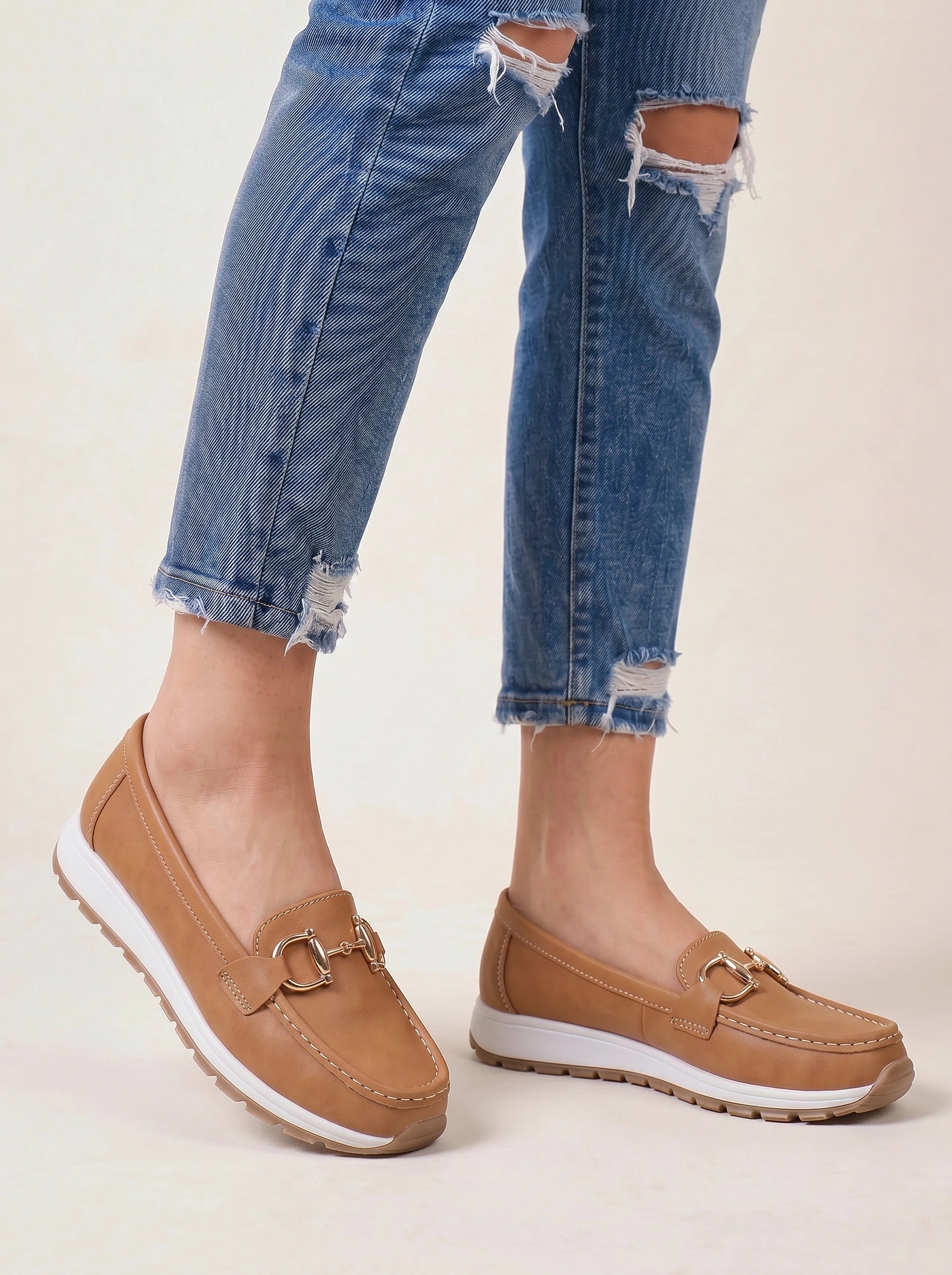 Cadette Chain Loafer Flats – Contrast Stitch Platform Mary Jane Ballet Flats Women Casual Slip On Shoes
