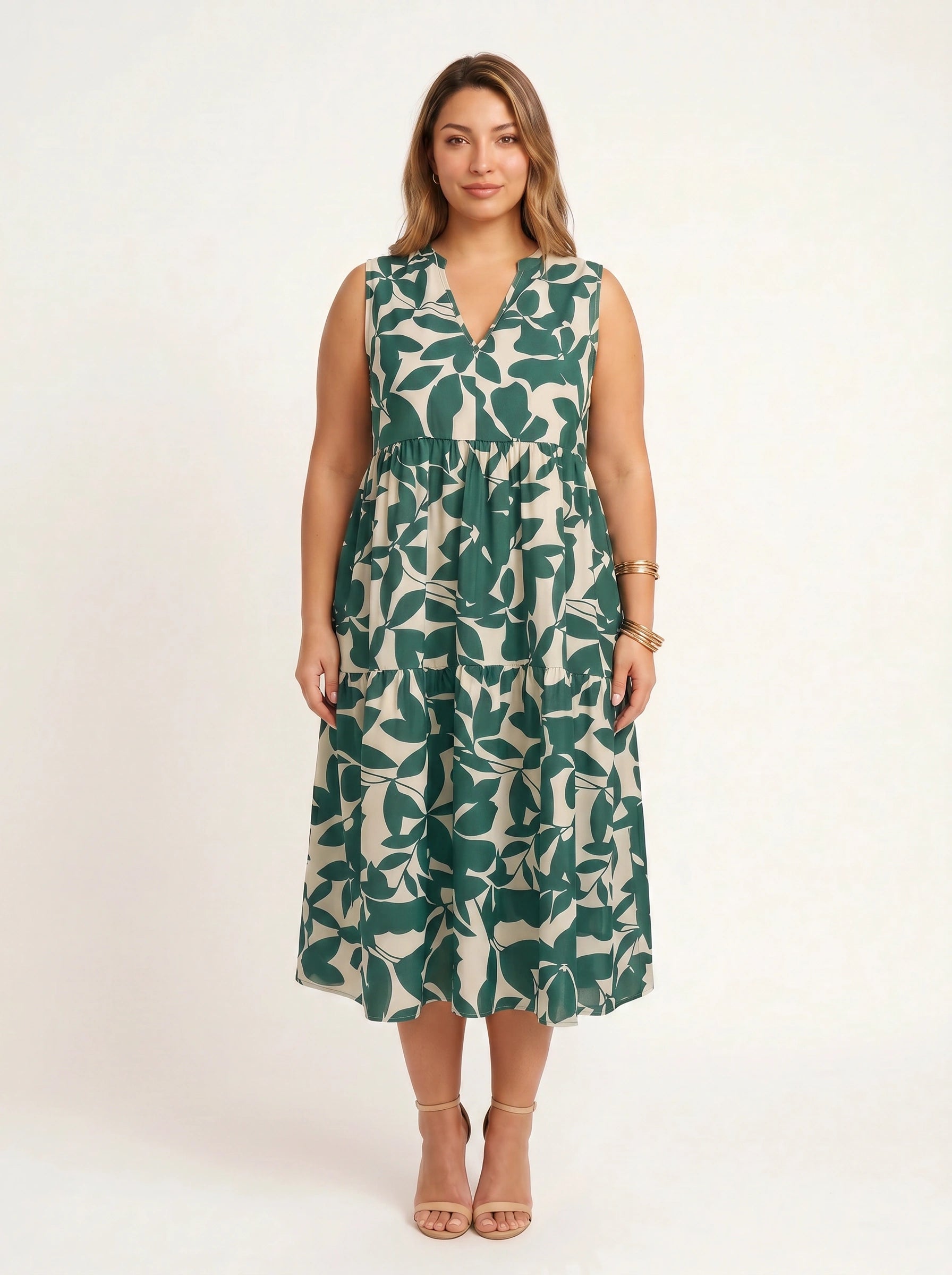 Fogliara V-Neck Tiered Midi Dress – Sleeveless Sundress Women Plus Size Summer Resort Vacation Midi Dress