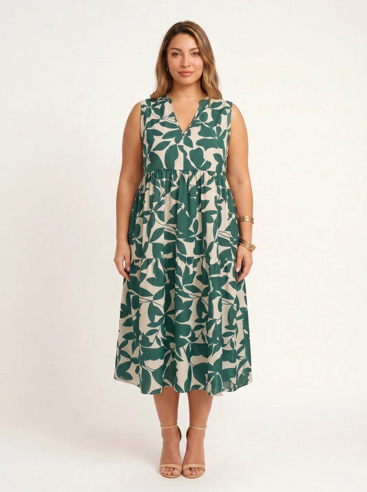 Fogliara V-Neck Tiered Midi Dress – Sleeveless Sundress Women Plus Size Summer Resort Vacation Midi Dress