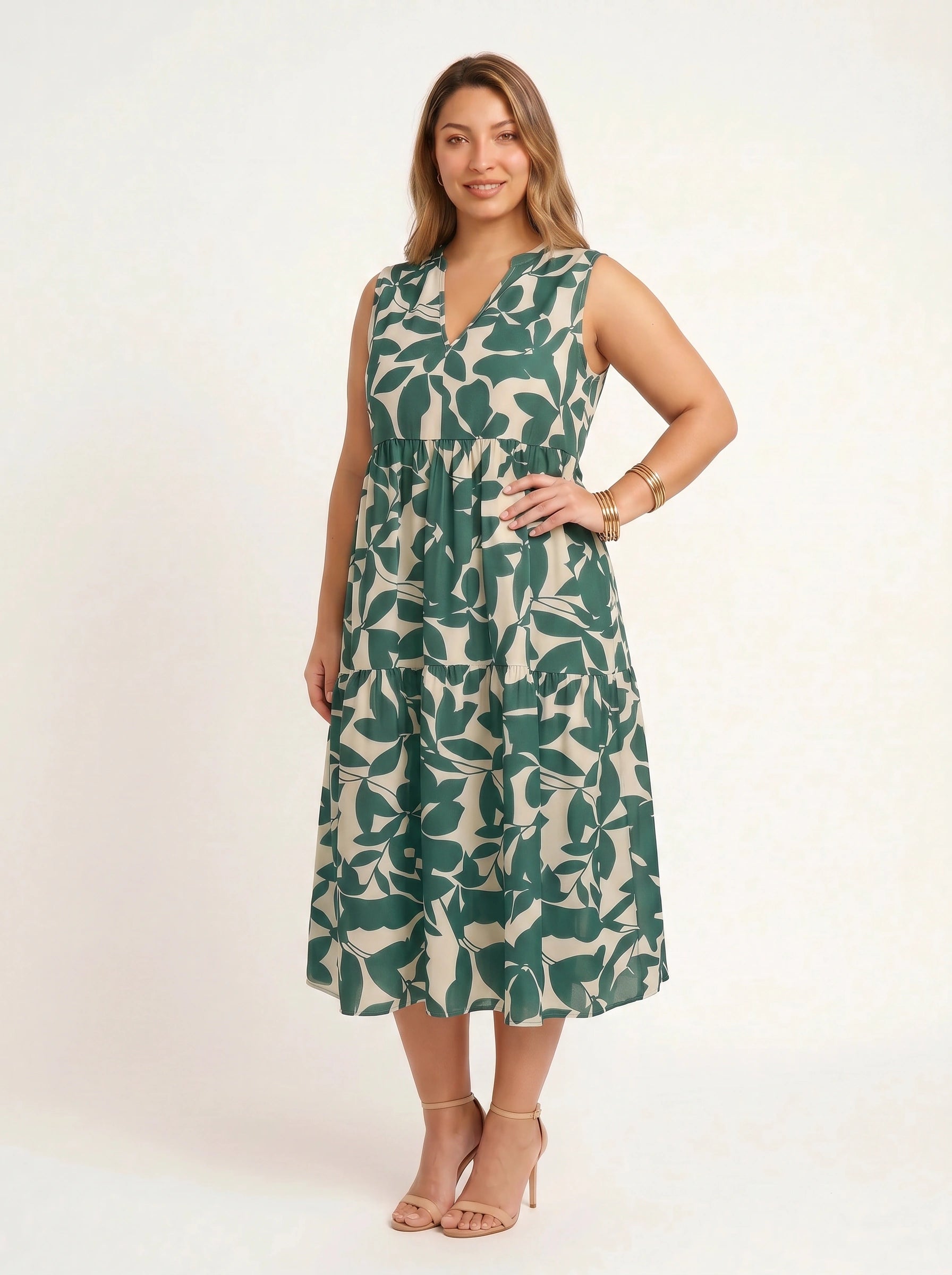 Fogliara V-Neck Tiered Midi Dress – Sleeveless Sundress Women Plus Size Summer Resort Vacation Midi Dress