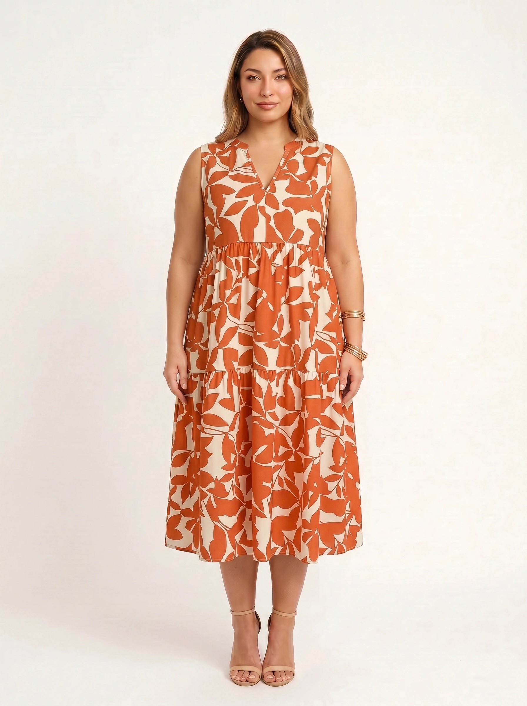 Fogliara V-Neck Tiered Midi Dress – Sleeveless Sundress Women Plus Size Summer Resort Vacation Midi Dress
